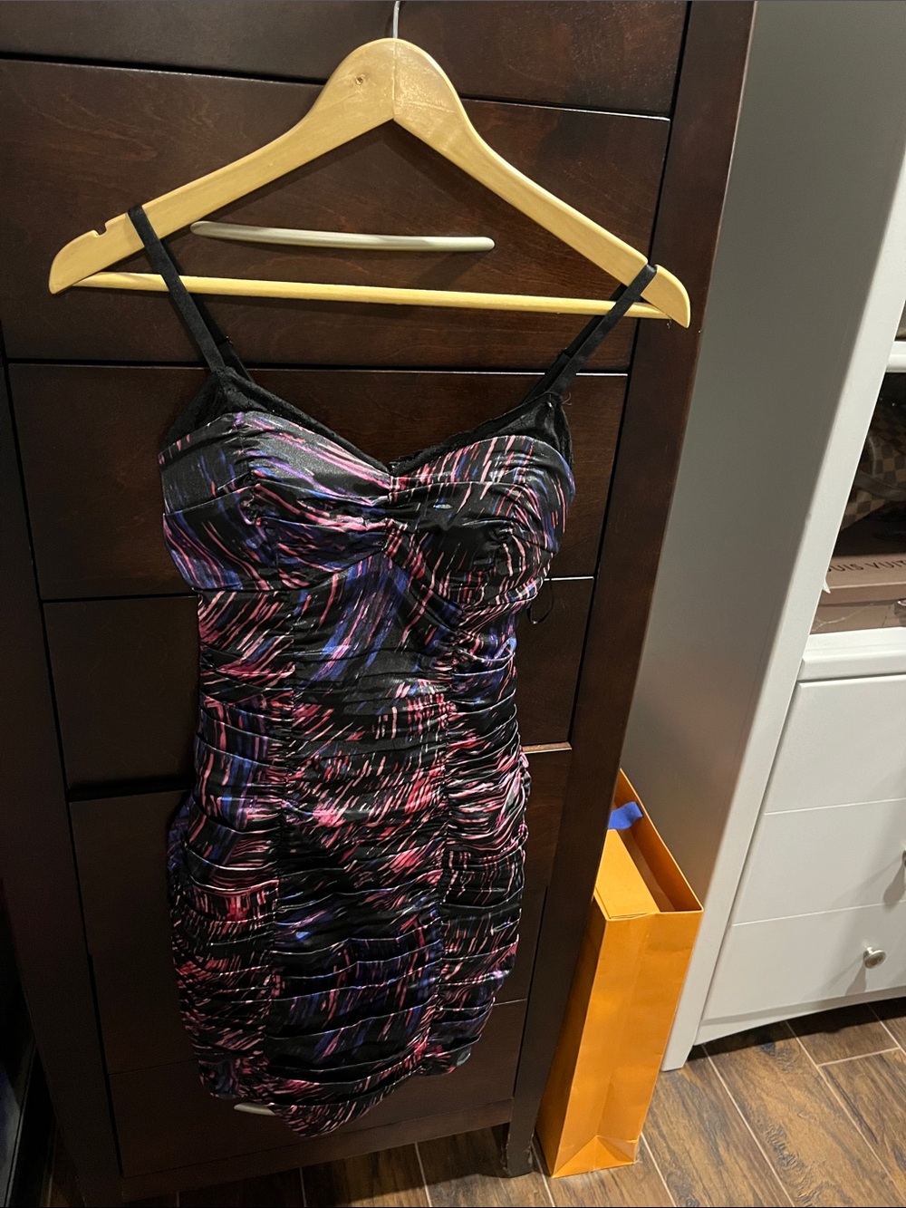 Guess Sleeveless Ruched Bodycon Dress in Black with Pink & Purple Print